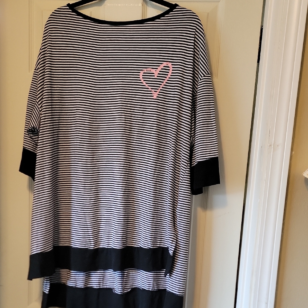 Striped Black and White Sleepshirt with Pink Heart
